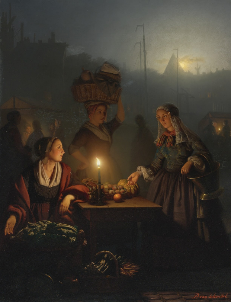 Петрус ван Шендель. Покупка овощей и фруктов на ночном рынке. 1867