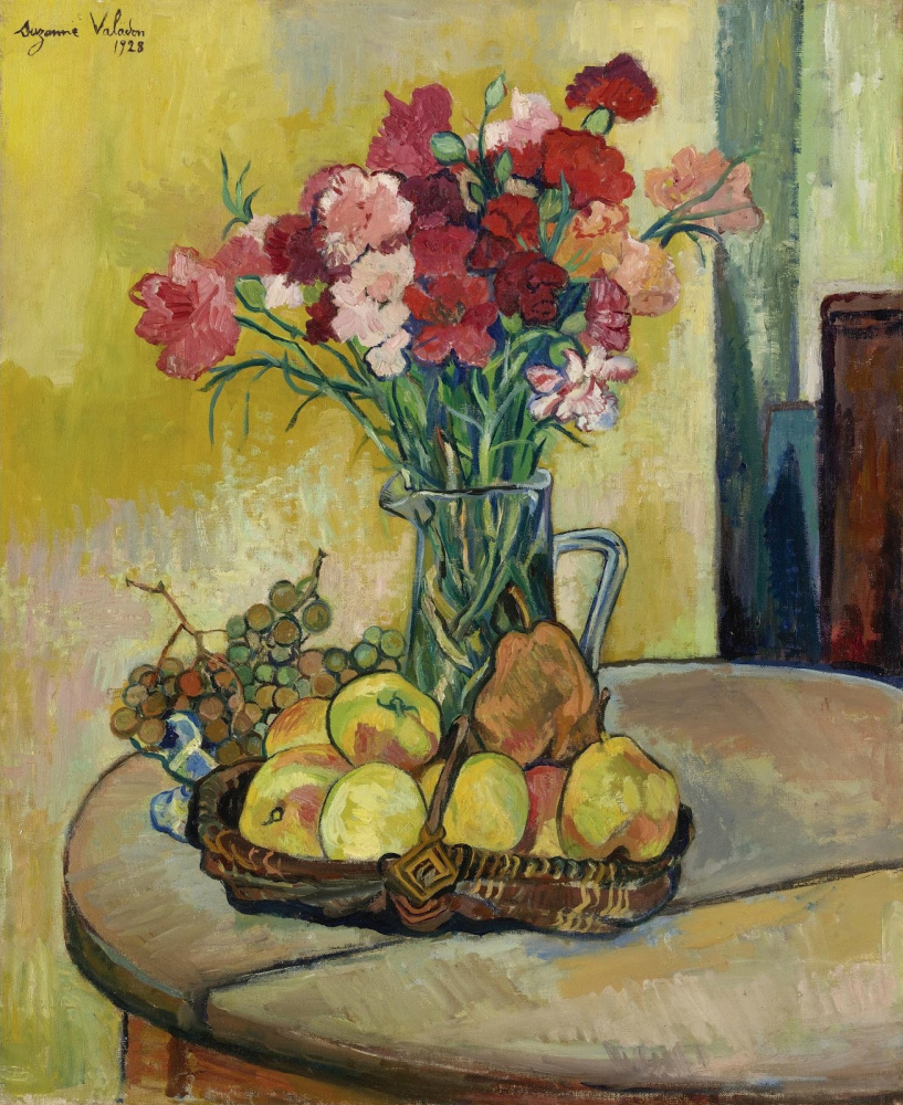 Сюзанна Валадон. Корзина с яблоками, ваза с цветами и виноград