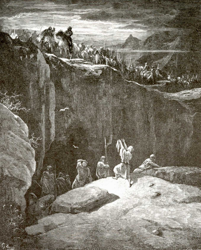 Поль Гюстав Доре. Иллюстрация к Библии: Давид и Саул у пещеры Эд-Гадди