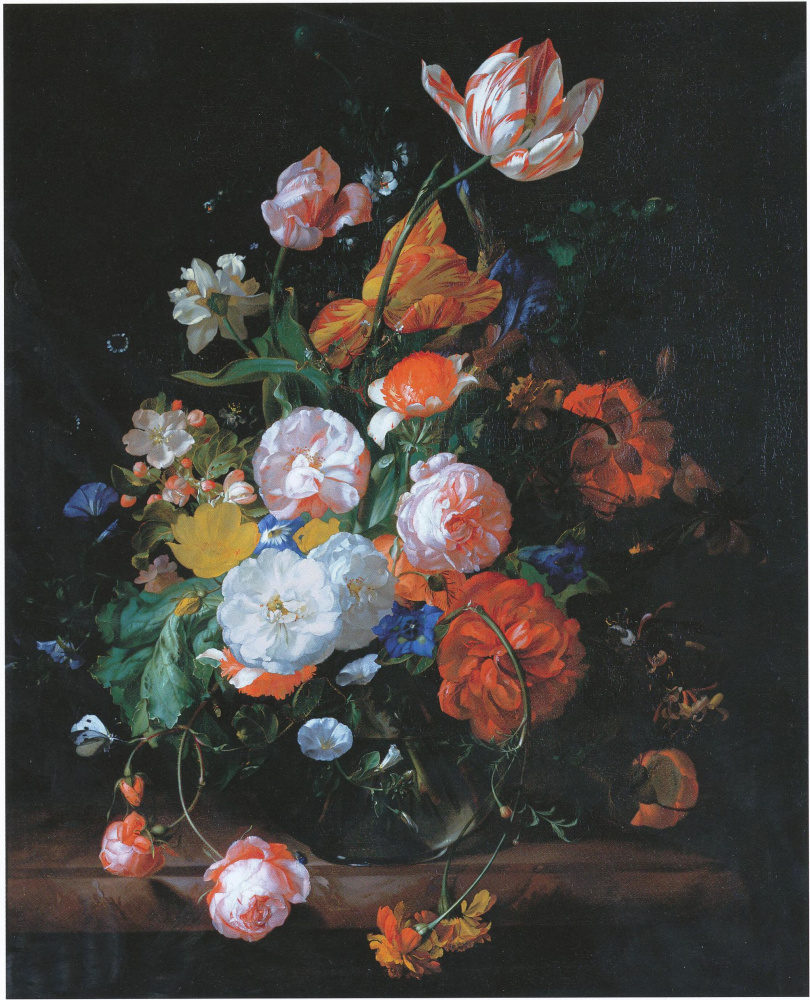Рашель Рюйш. Розы, тюльпаны и другие цветы в стеклянной вазе на мраморной полке
