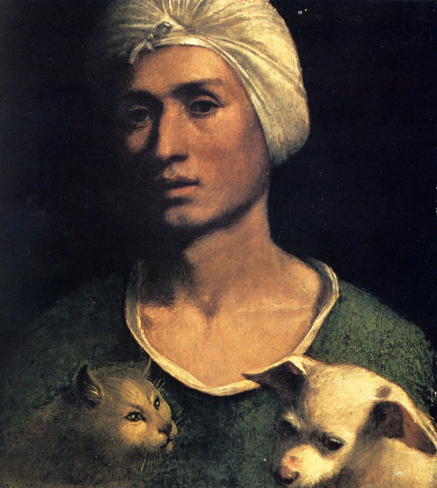 Доссо Досси. Портрет молодого человека с собакой и кошкой