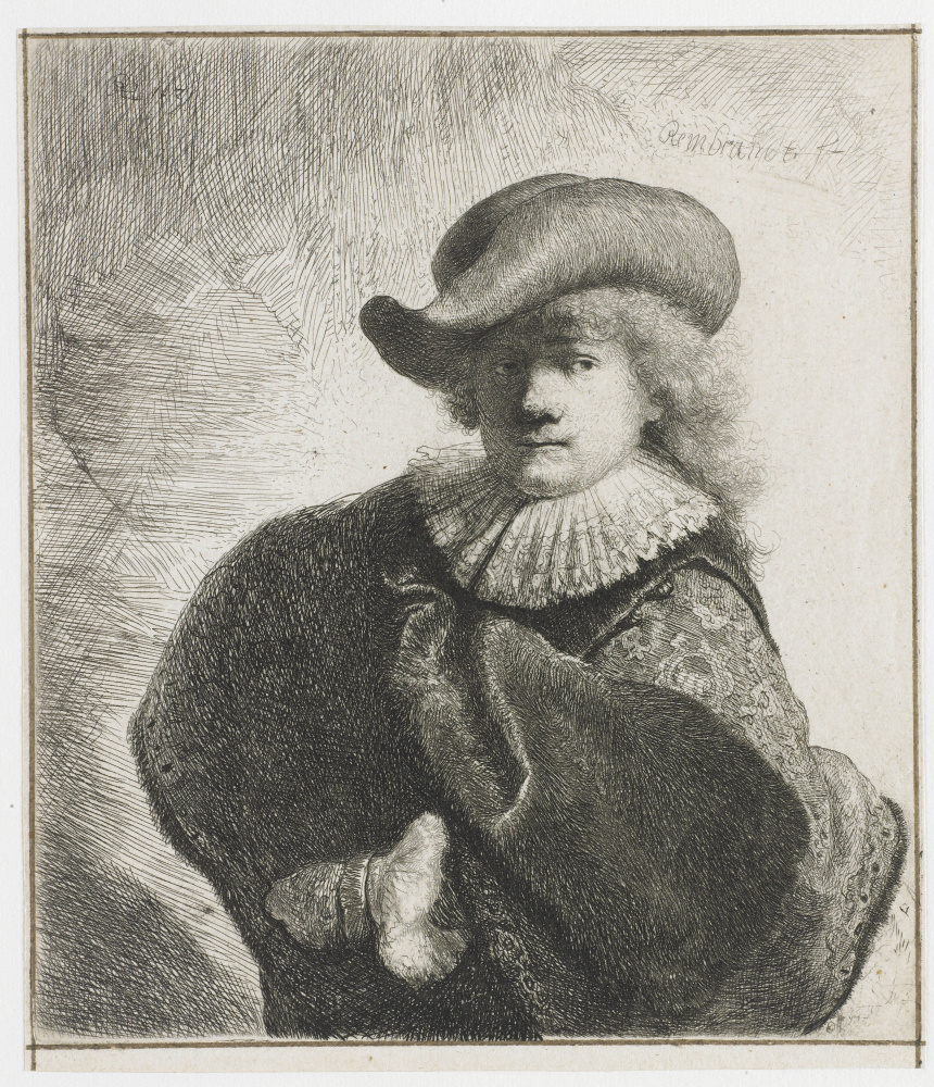 Рембрандт Харменс ван Рейн. Автопортрет в шляпе с загнутыми полями и вышитом плаще