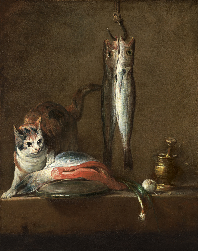 Жан Батист Симеон Шарден. Натюрморт с кошкой на столе и рыбой