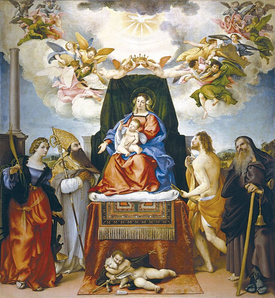 Лоренцо Лотто. Мадонна на троне со святыми Екатериной, Августином, Себастьяном, Антонием Аббатом и Иоанном Крестителем