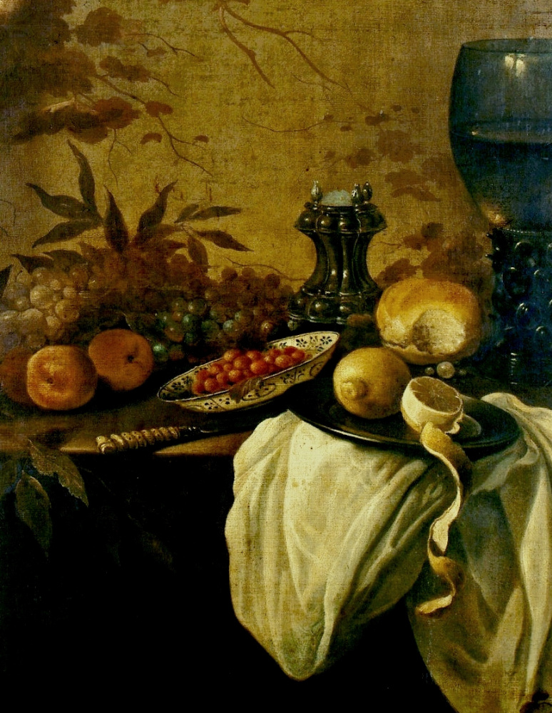 Питер Клас. Натюрморт с фруктами, солью, хлебом, лимоном и рёмером. Фрагмент