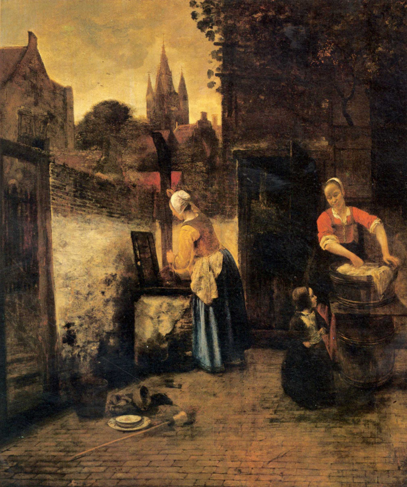 Питер де Хох. Две женщины с ребенком во дворе
