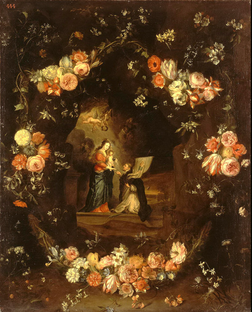 Ян ван Кессель Старший. Мадонна с Младенцем и Святым Идельфонсом в гирлянде цветов