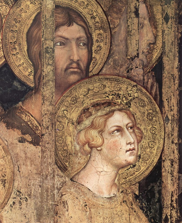 Симоне Мартини. Маэста, Мадонна на троне как патронесса города, окруженная святыми, фреска в Палаццо Пубблико в Сиене, деталь