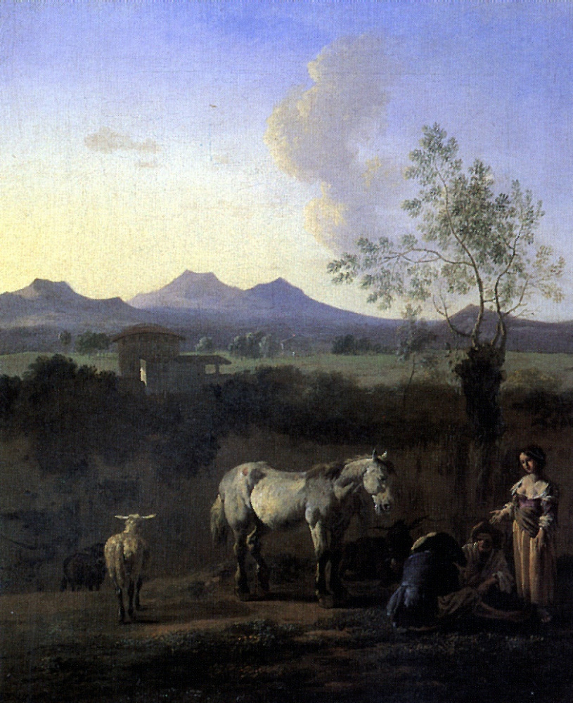 Карел Дюжарден. Пастухи, лошадь, коровы и овца на лугу с деревьями