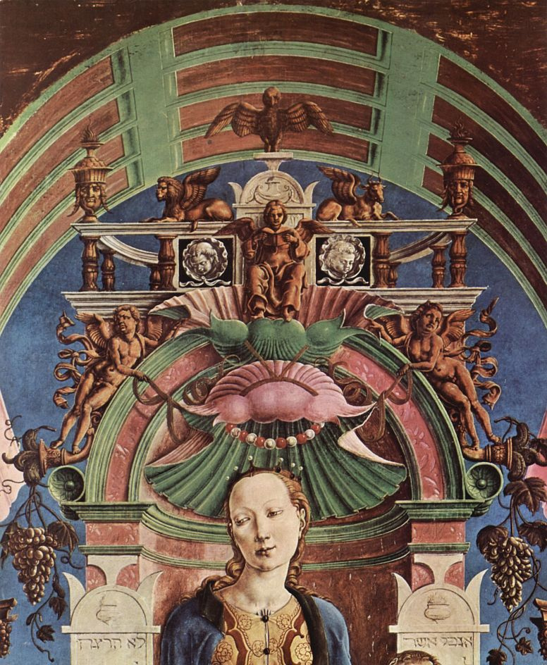 Козимо Тура. Алтарь Роверелла для Санта Джорджио в Ферраре, центральная часть, сцена: Мадонна на троне и музицирующий ангел, деталь