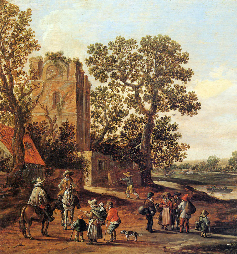 Ян ван Гойен. Пейзаж с полуразрушенной башней, всадниками и семьей нищих