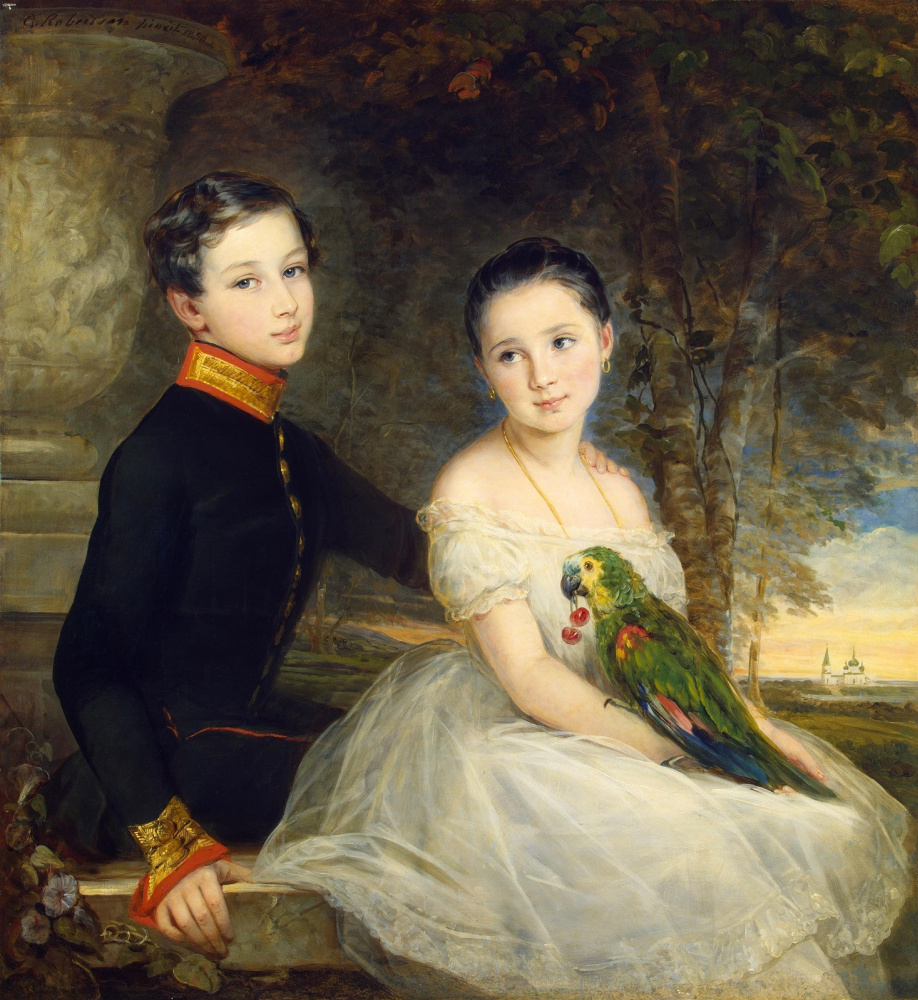 Кристина Робертсон. Дети с попугаем. 1850