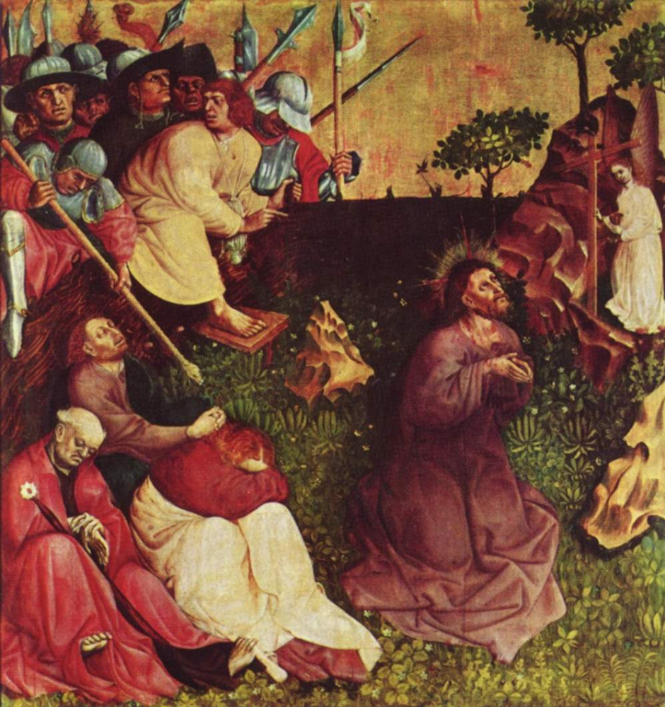 Ханс Мульчер. Алтарь Страстей из Вурцаха, левая внутренняя створка, сцена вверху. Христос на Масличной горе