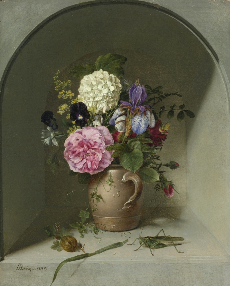 Иоганн Вильгельм Прейер. Цветы в глиняном кувшине в нише с кузнечиком. 1829
