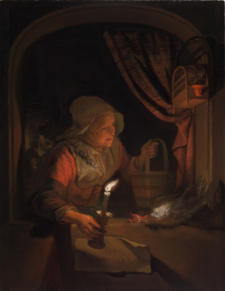Геррит (Герард) Доу. Старуха в окне со свечой