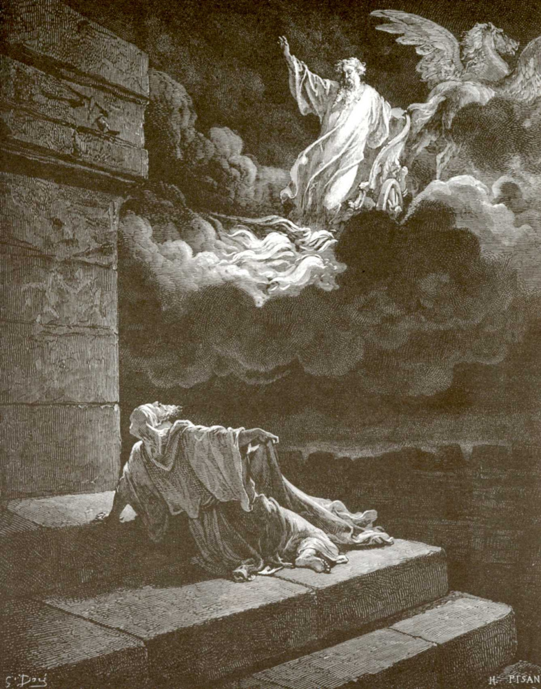 Поль Гюстав Доре. Иллюстрация к Библии: пророк Илия на огненной колеснице