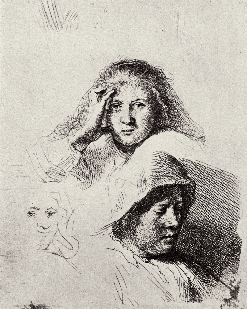 Рембрандт Харменс ван Рейн. Наброски трёх женских голов с портретом Саскии