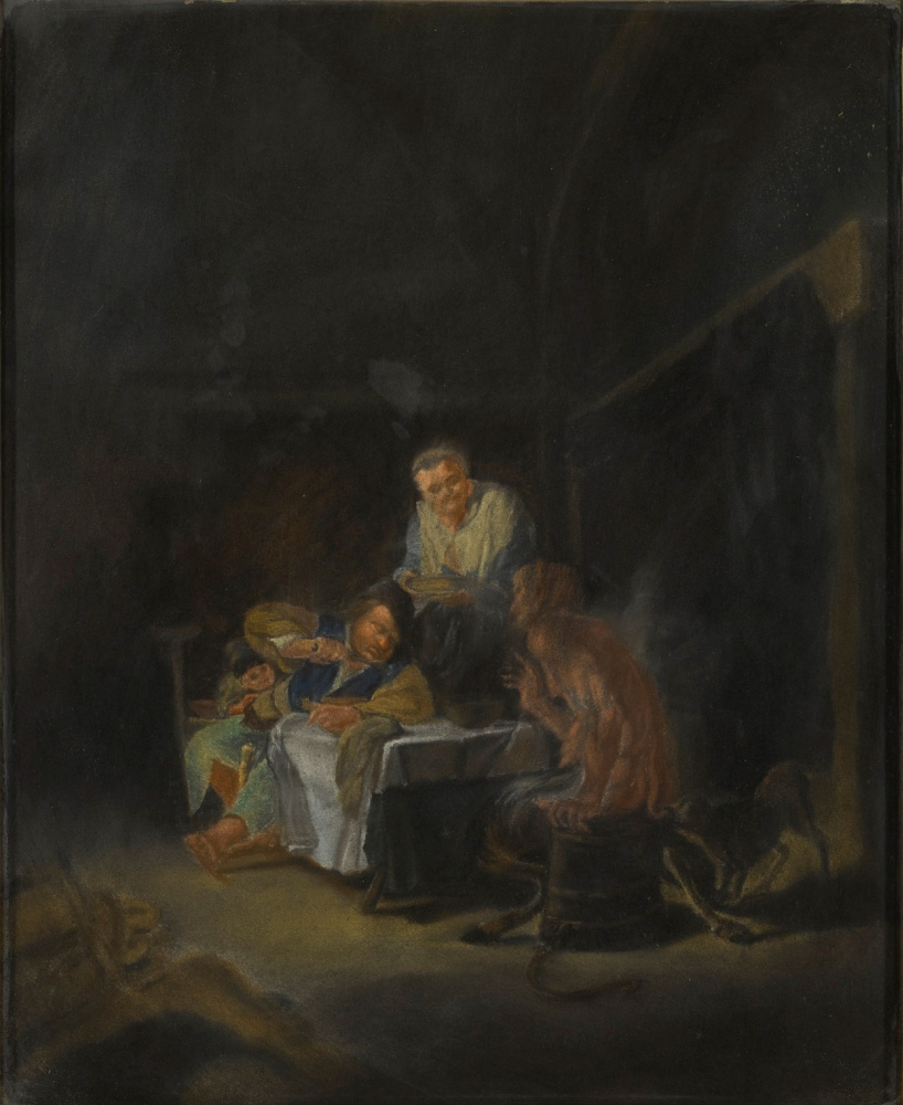 Эрцгерцог Рудольф Австрийский (фон Габсбург). Сцена в интерьере с крестьянской семьёй и сатиром за столом