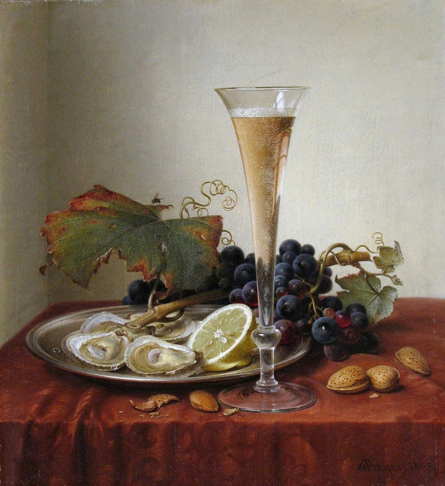 Иоганн Вильгельм Прейер. Виноград, устрицы, миндаль и бокал с шампанским на драпированном уступе. 1858