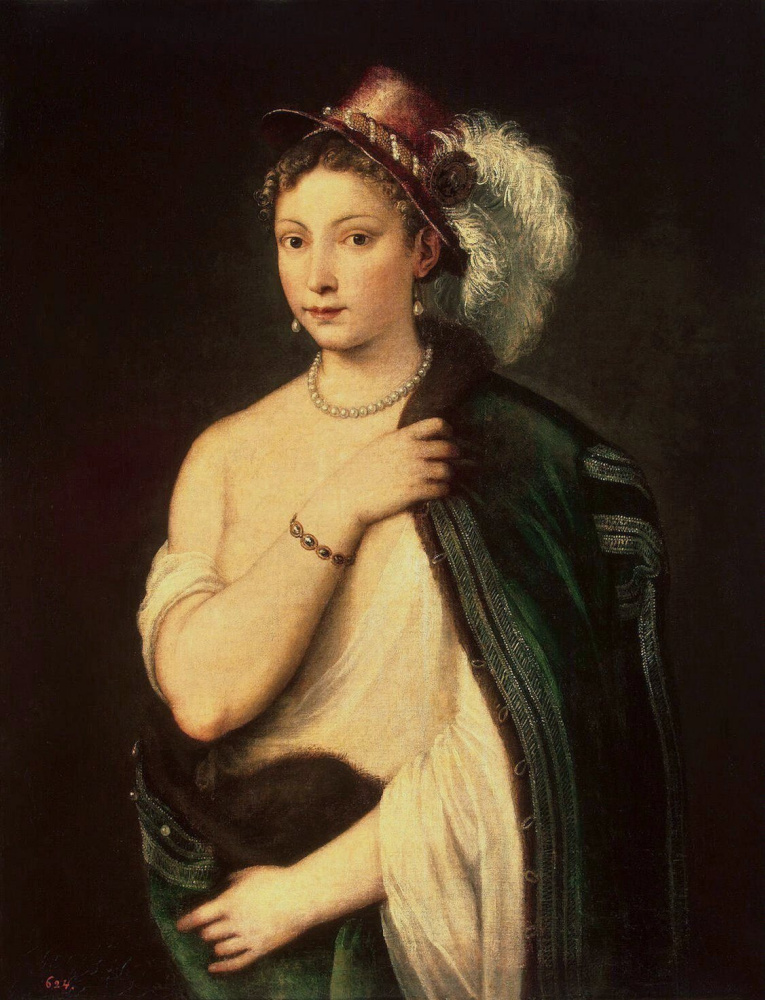 Тициан Вечеллио. Портрет молодой женщины в шляпе с пером (возможно, мастерская Тициана)