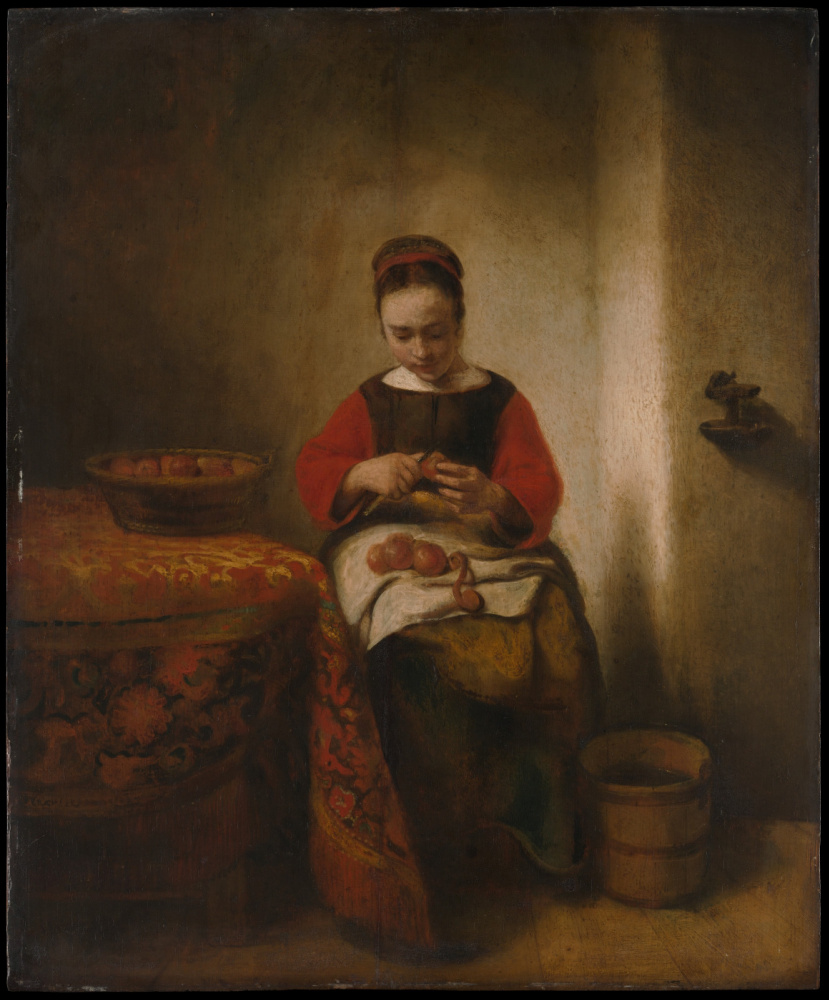 Николас Мас (Маес). Молодая женщина чистит яблоки