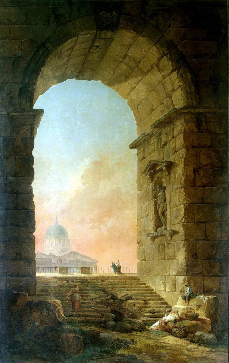 Гюбер Робер. Пейзаж с аркой и куполом собора св. Петра в Риме