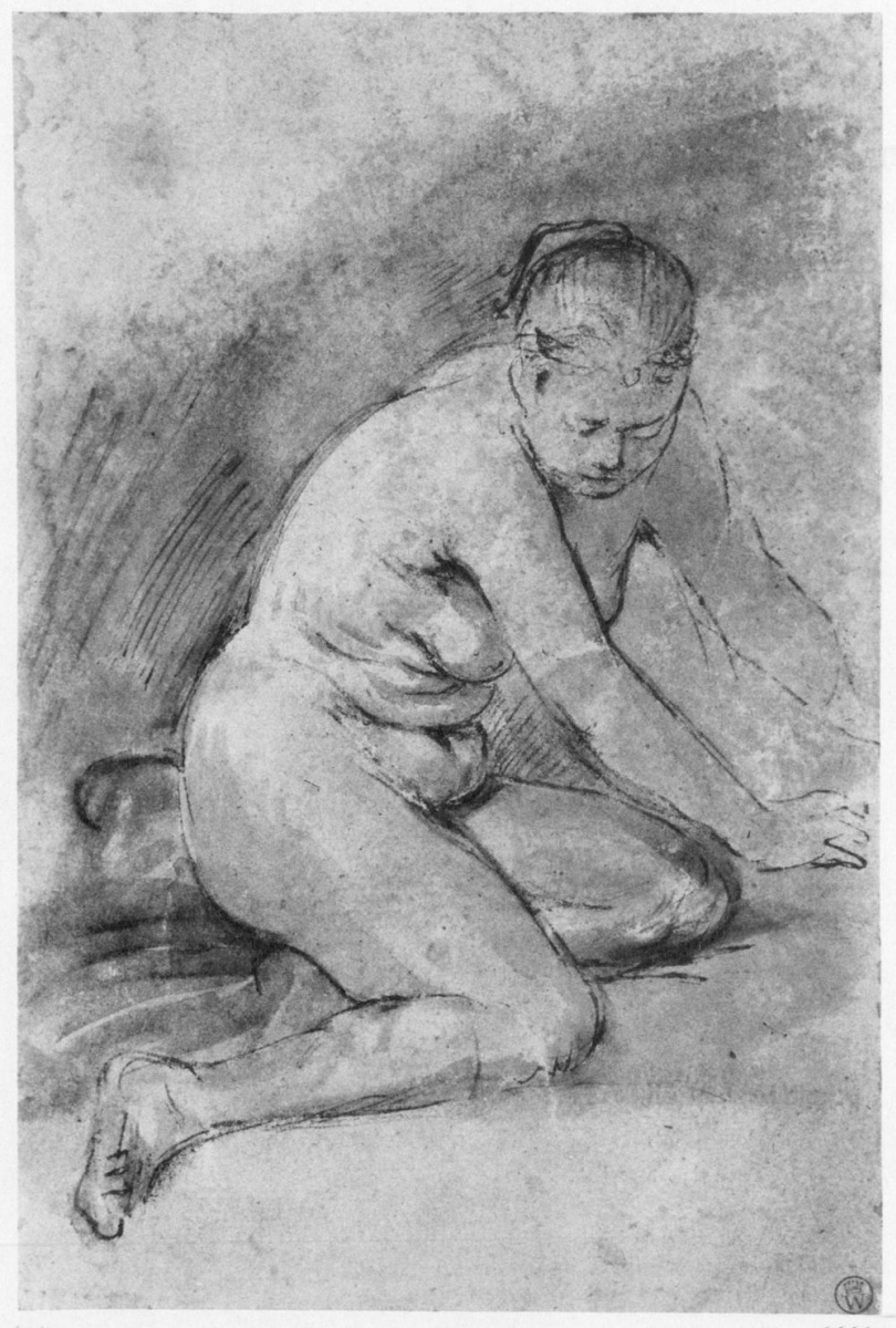 Рембрандт Харменс ван Рейн. Обнажённая натурщица, сидящая на коленях