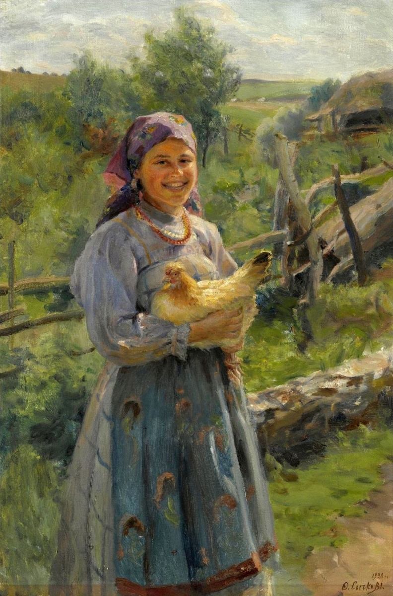Федот Васильевич Сычков. Молодая крестьянка с курицей. 1920