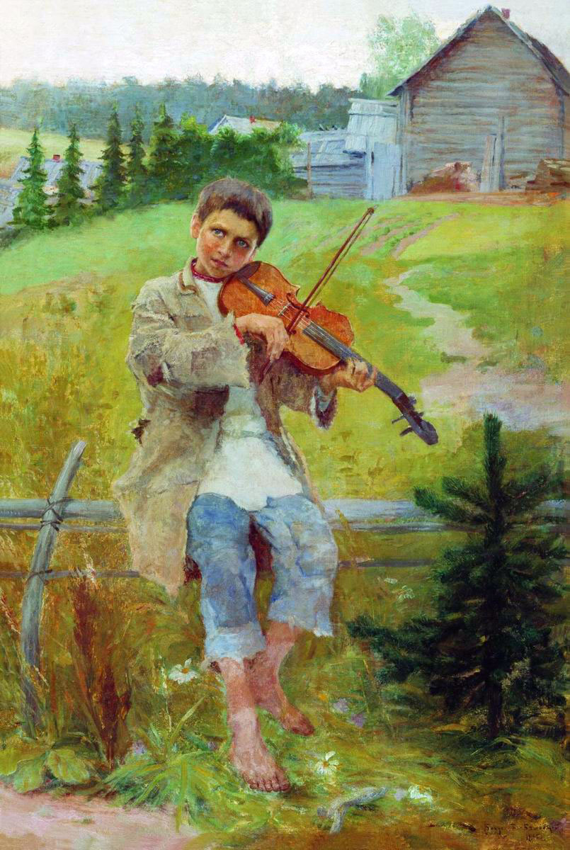 拉小提琴的男生油画图片