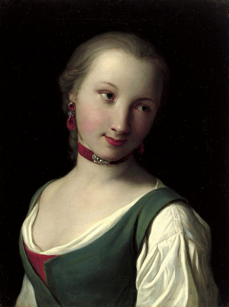 Пьетро Ротари. Портрет женщины с зеленым жилетом, белой блузкой и красным колье