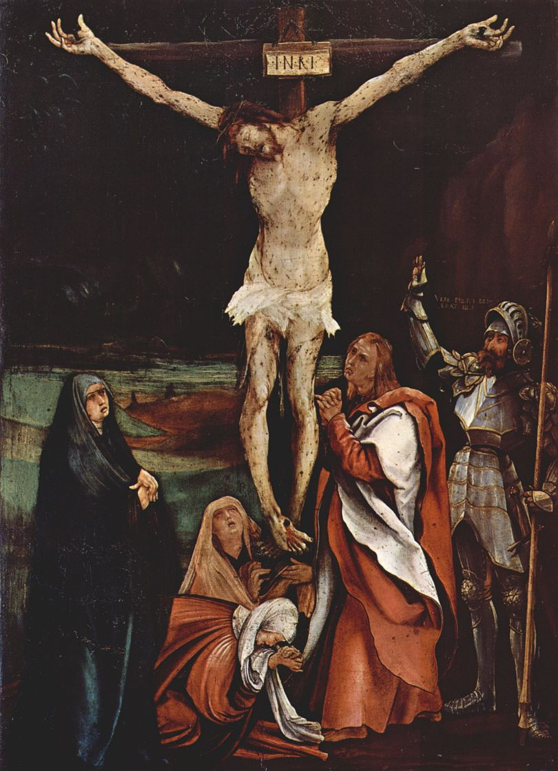 Маттиас Грюневальд. Распятие Христа, сцена: Христос на кресте, Три Марии, св. Иоанн Евангелист и св. Лонгинус