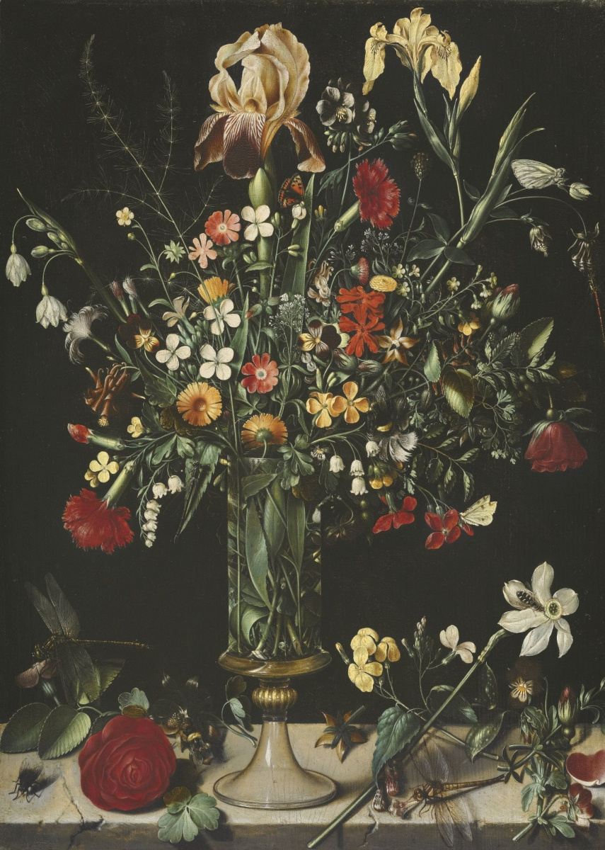 Амброзиус Босхарт Старший. Натюрморт с цветами (ирисы, нарциссы, гвоздики, ландыши) в высоком бокале на каменном выступе