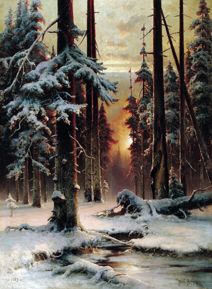 Юлий Юльевич Клевер. Зимний закат в еловом лесу