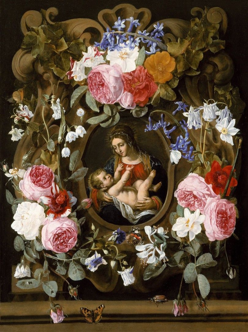 garland of flowers with madonna and child