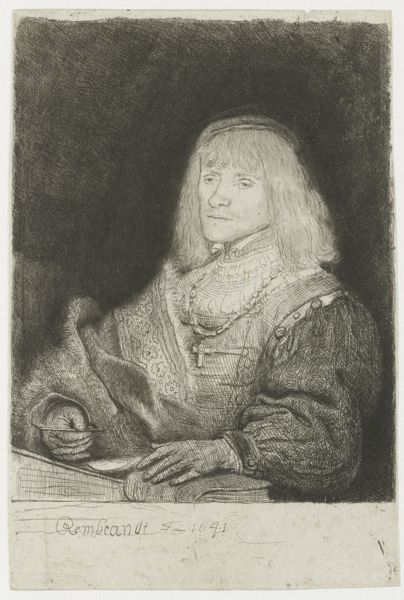 Рембрандт Харменс ван Рейн. Мужчина за столом с золотой цепью и крестом