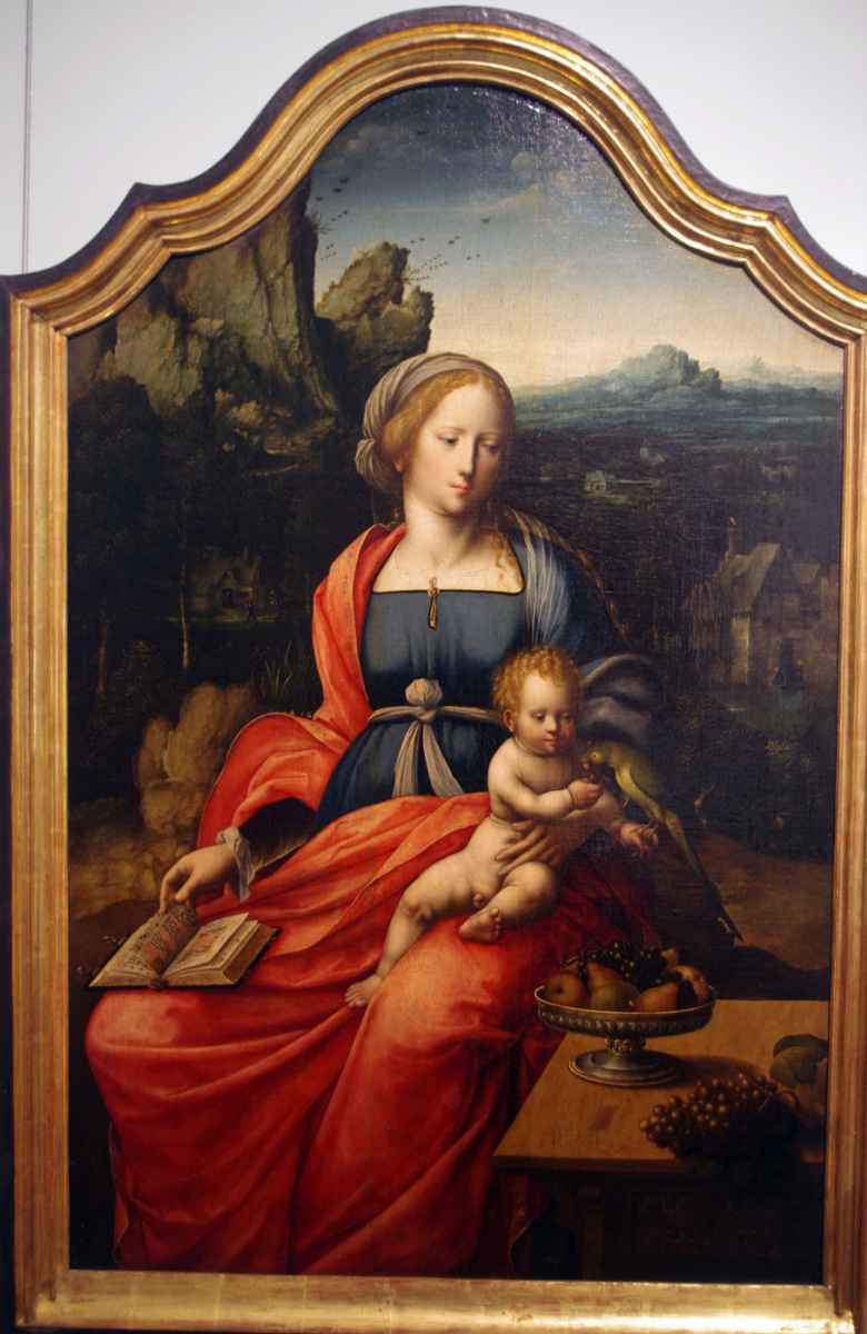 Шедевры  неизвестных художников. Мадонна с младенцем и попугаем в пейзаже