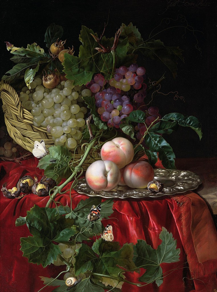 Виллем ван Алст. Натюрморт с корзиной, виноградом, каштанами и персиками на блюде