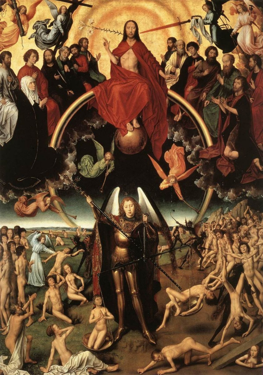 Ганс Мемлинг. Страшный суд. Триптих. Центральная часть: Христос судящий, окруженный апостолами и ангелами, и архангел Михаил