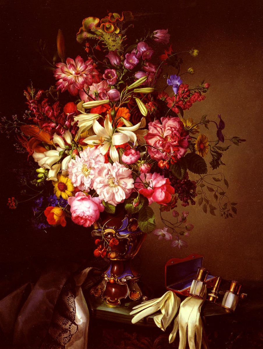 Леопольд Бруннер. Натюрморт с вазой цветов и театральным биноклем