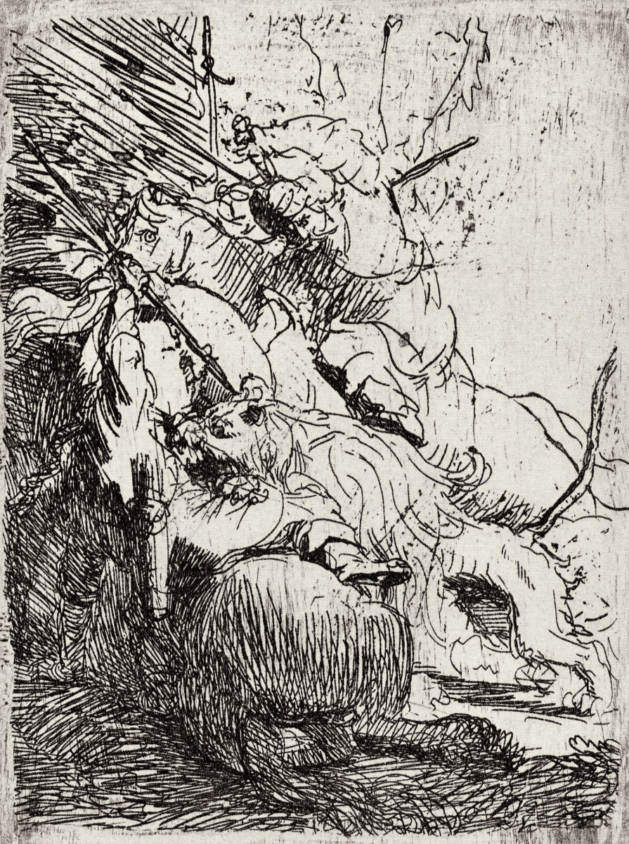 Рембрандт Харменс ван Рейн. Охота на львов с двумя всадниками