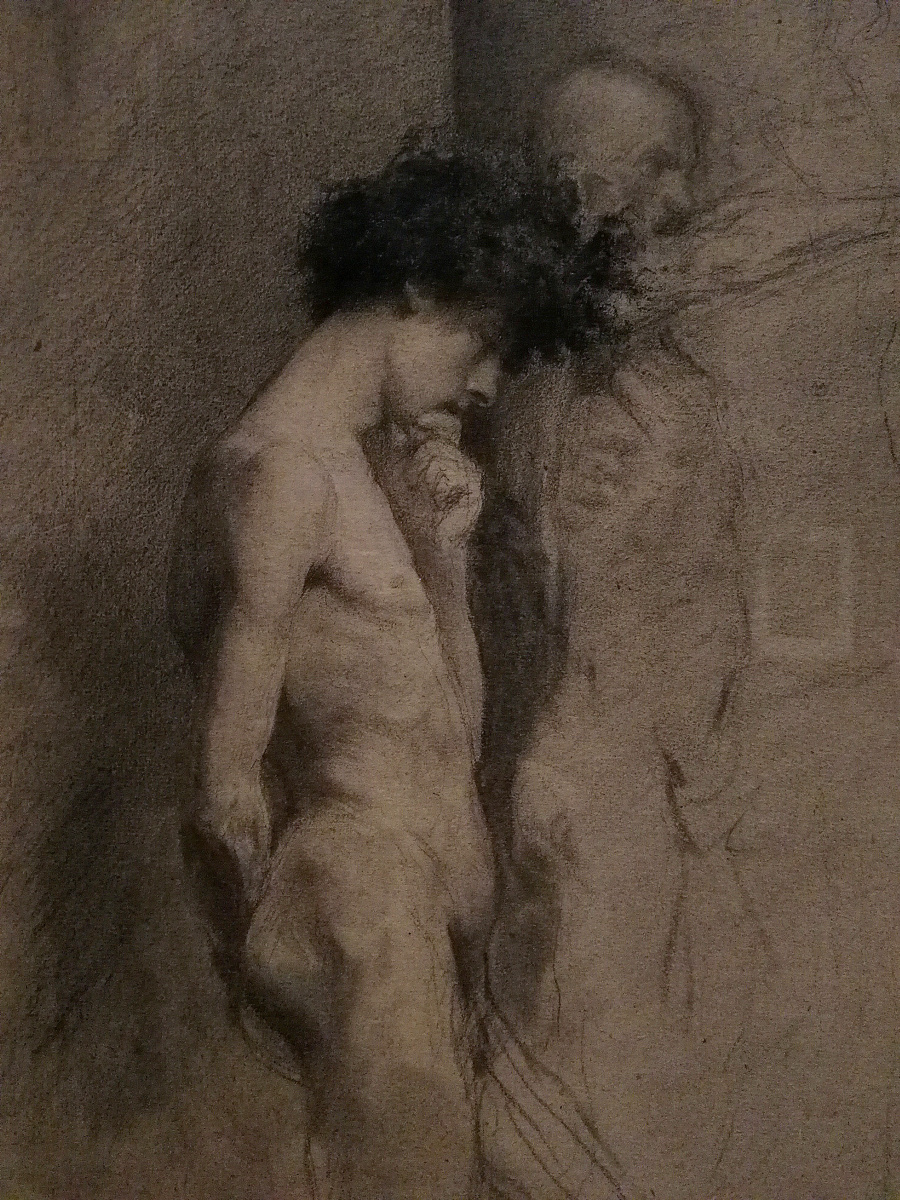 Мариано Фортуни-и-Карбо. Обнаженная фигура мужчины в профиль, размышляющего у скульптуры (фрагмент)