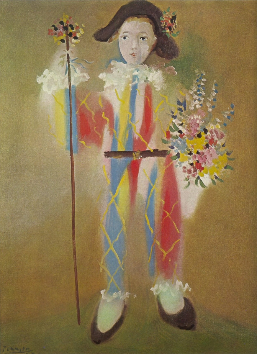 Пабло Пикассо. Пауло в костюме Арлекина с цветами