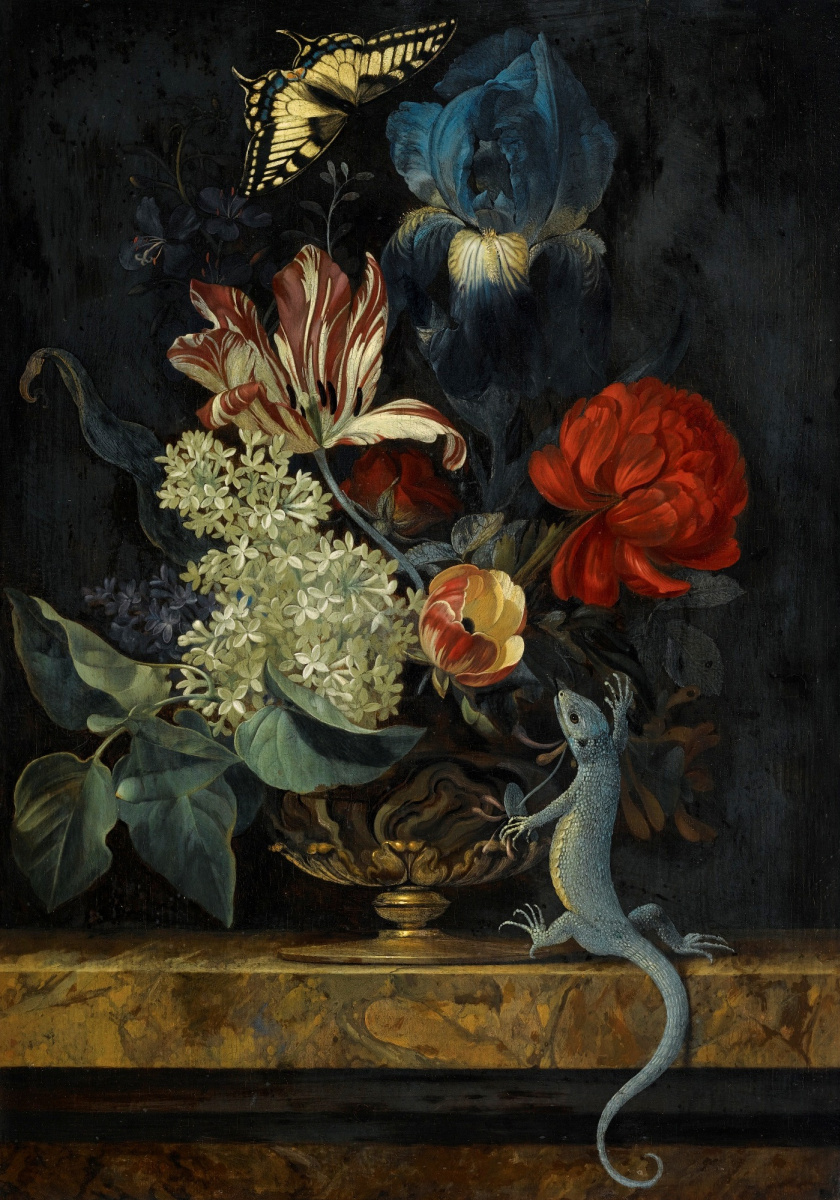 Виллем ван Алст. Натюрморт с цветами, бабочкой и ящерицей
