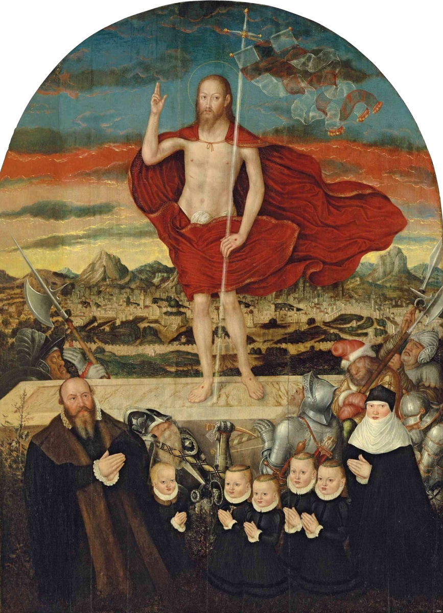 Лукас Кранах Младший 1515-1586. Воскресение Христово с семейным портретом донатора. 1573-1574