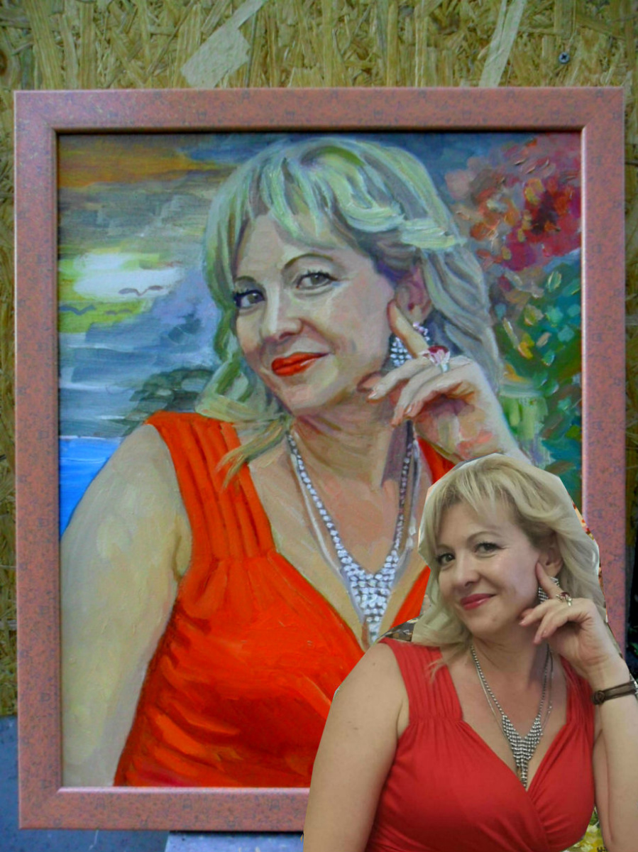 Женский портрет в красном платье и белом ожерелье