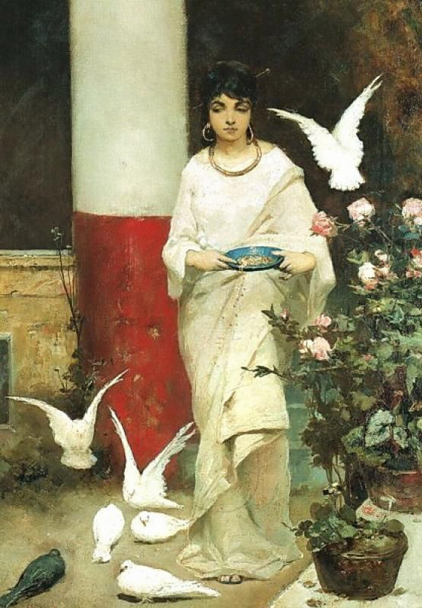 Девушка, кормящая голубей