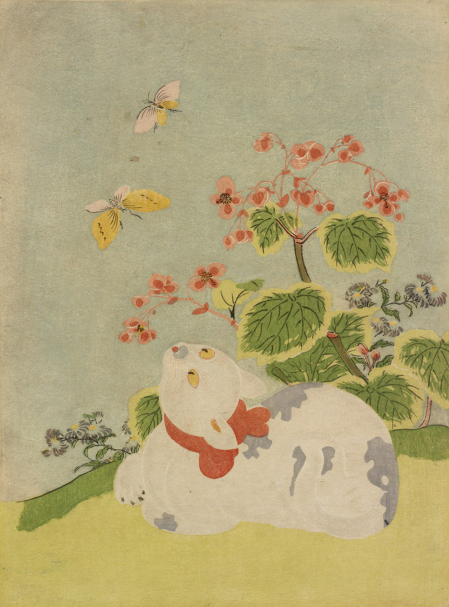 Судзуки Харунобу. Кот, бабочки и бегония (приписывается Харунобу)