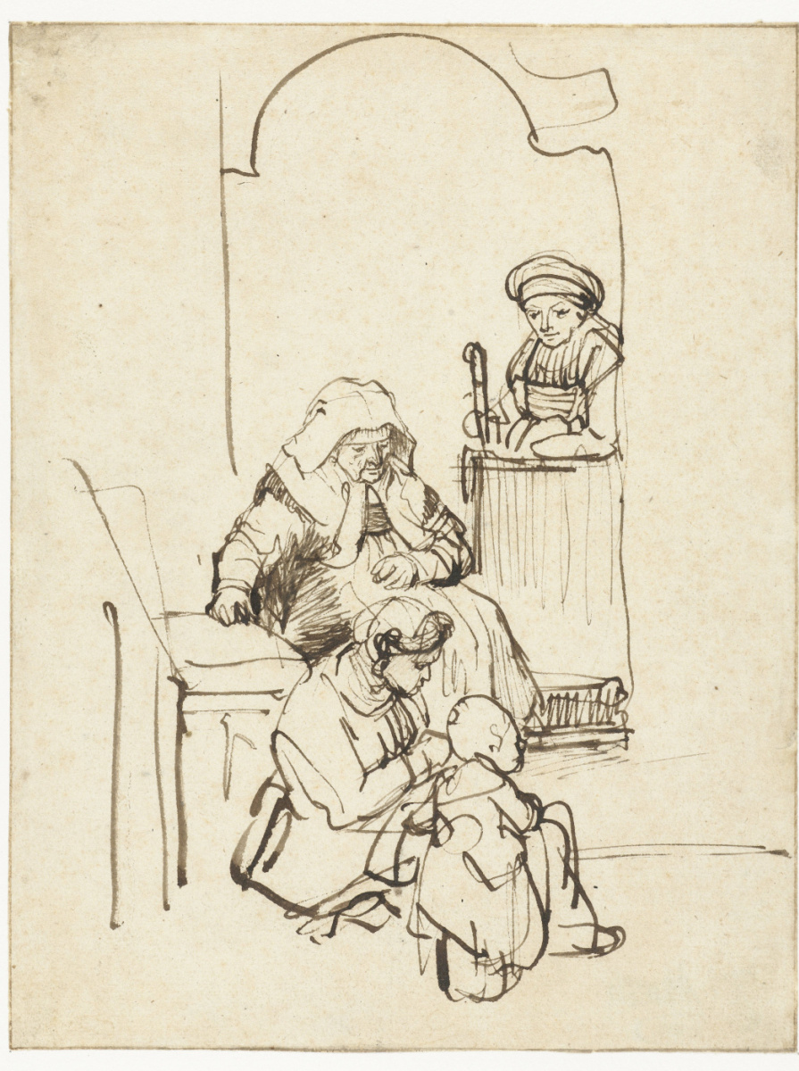 Рембрандт Харменс ван Рейн. Женщины с ребёнком у двери