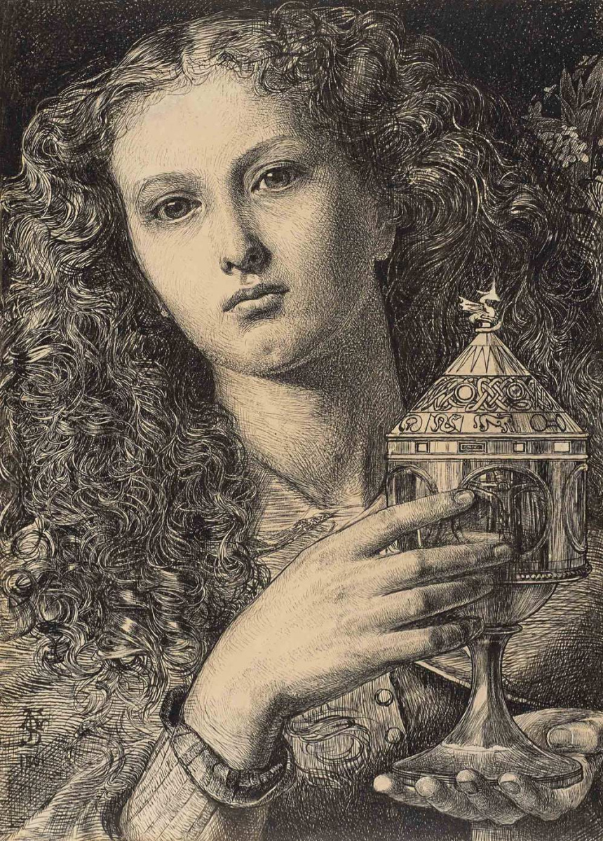 Энтони Фредерик Огастас Сэндис. Рисунок к картине «Дочь короля Пеллеса, несущая чашу Святого Грааля»