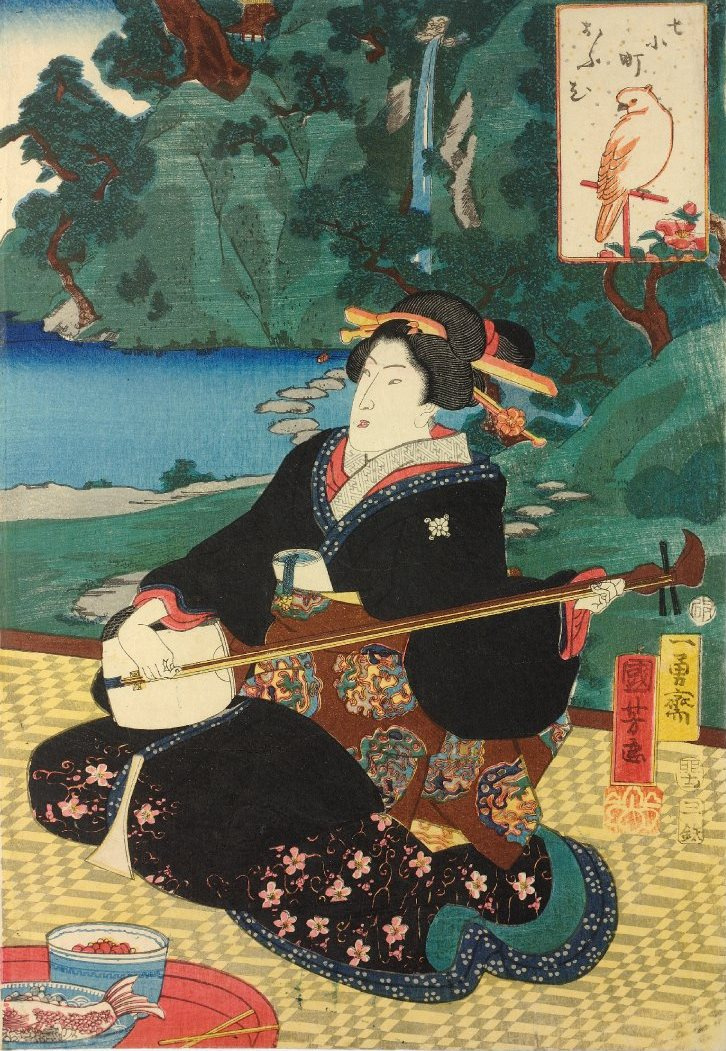 Утагава Куниёси. Серия "7 японских Комати". Женщина играет на музыкальном инструменте на фоне водопада